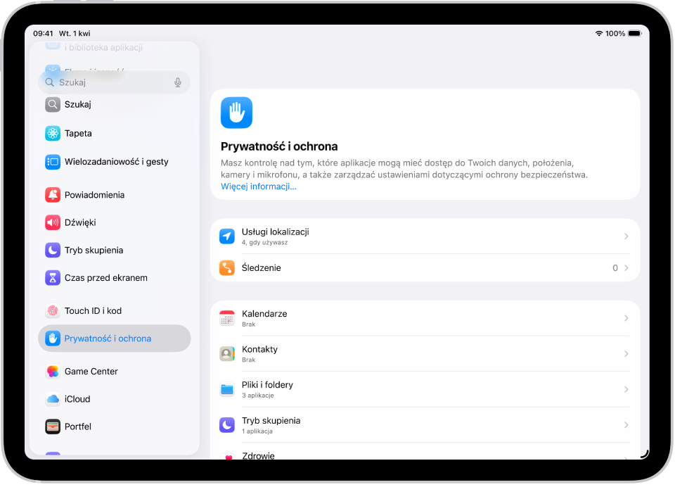 Ekran Ustawień zawierający opcje prywatności i ochrony, takie jak Usługi lokalizacji oraz Śledzenie.
