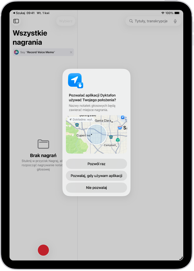Prośba aplikacji o użycie danych dotyczących położenia iPada. Dostępne są następujące opcje: Pozwól raz, Pozwalaj, gdy używam aplikacji oraz Nie pozwalaj.