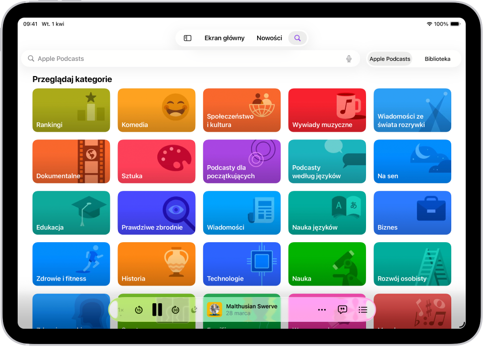 Ekran wyszukiwania w aplikacji Podcasty pokazujący kategorie podcastów. W dolnej części ekranu widoczny jest miniodtwarzacz.