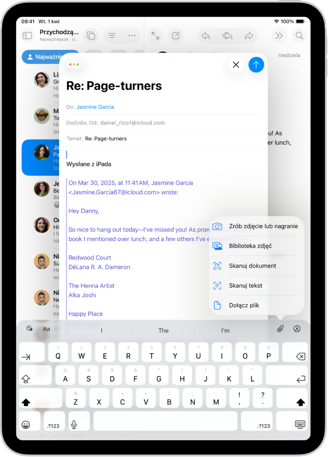 Redagowanie wiadomości roboczej. Nad klawiaturą widoczne są opcje dotyczące załącznika.