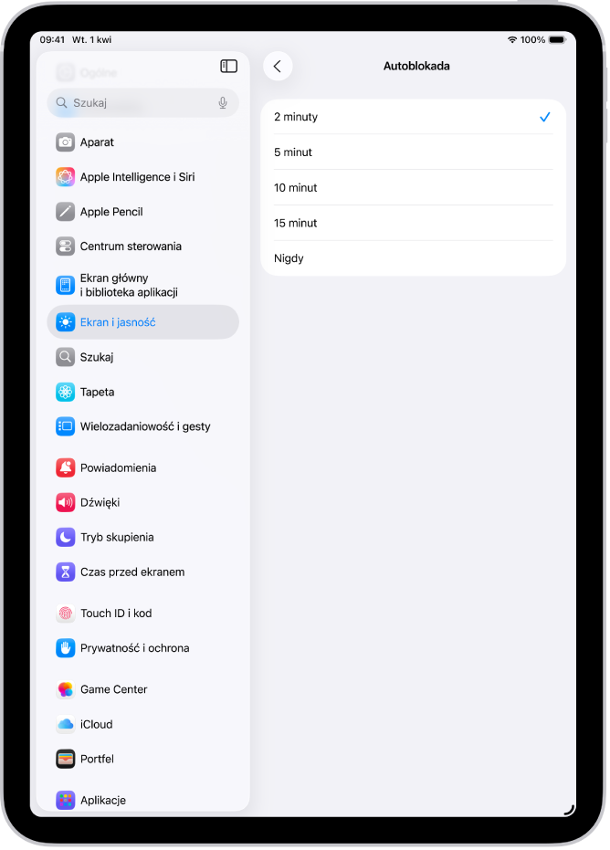 Ekran autoblokady z ustawieniami czasu, po którym iPad ma się automatycznie zablokować.
