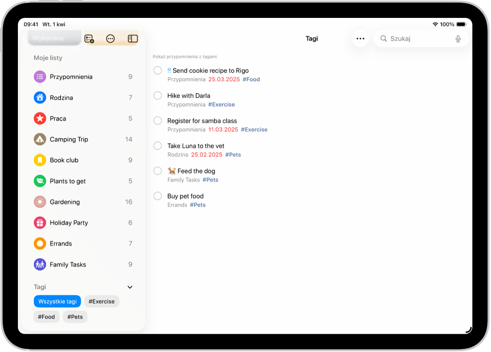 Aplikacja Przypomnienia wyświetlająca wiele list i przeglądarkę tagów po lewej. Po prawej stronie widoczna jest lista wszystkich rzeczy z tagami.