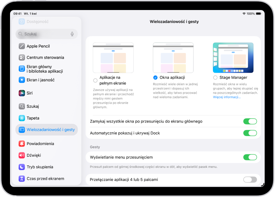 Okno na iPadzie wyświetlające ustawienia wielozadaniowości i gestów.