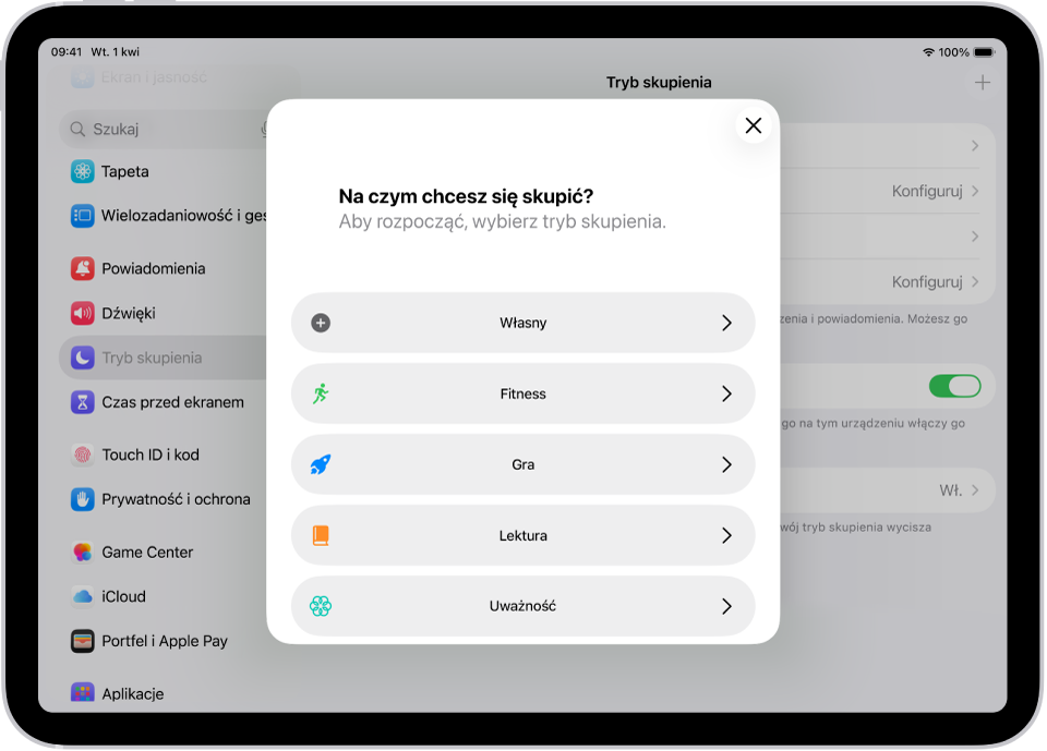 Ekran konfiguracji dodatkowych gotowych trybów skupienia, takich jak Własny, Fitness, Gra, Uważność oraz Lektura.