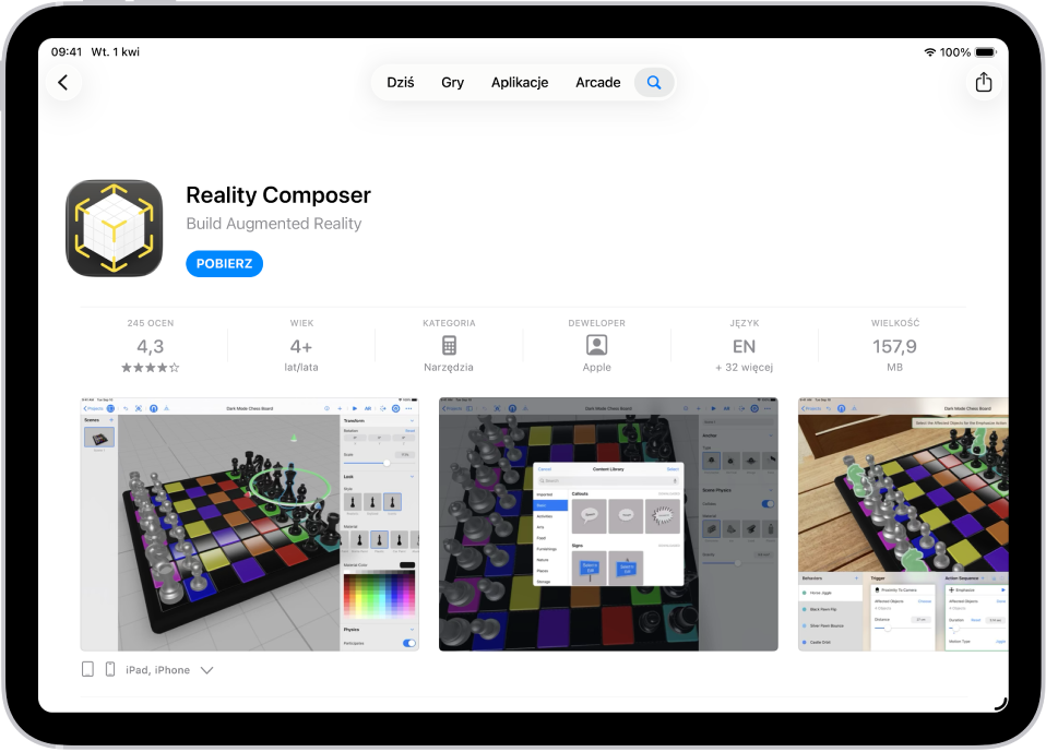 Strona zawierająca informacje na temat aplikacji w App Store. Na stronie widoczny jest między innymi przycisk Pobierz, recenzje, klasyfikacja wiekowa, nazwa dewelopera i zrzuty ekranu. U góry, na środku, od lewej do prawej, znajdują się przyciski: Dziś, Gry, Aplikacje, Arcade oraz Szukaj.