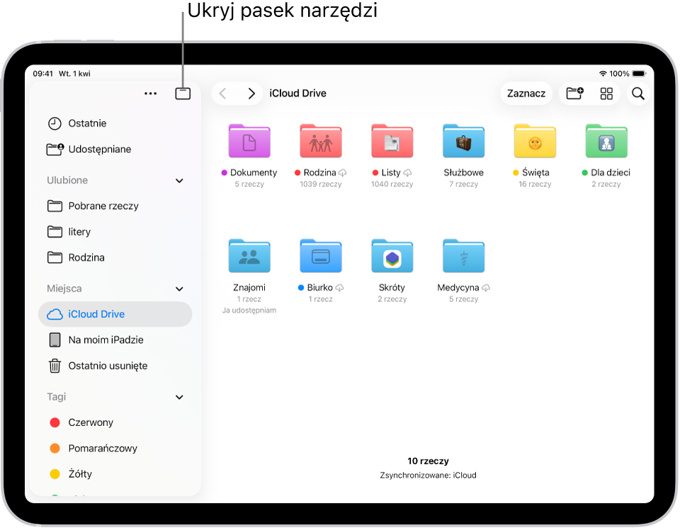 Aplikacja Pliki wyświetlająca pliki i foldery przechowywane w iCloud Drive. Na górze ekranu znajdują się przyciski wybierania rzeczy, tworzenia nowego folderu, zmieniania widoku (Lista, Ikony, Kolumny) oraz wyszukiwania.