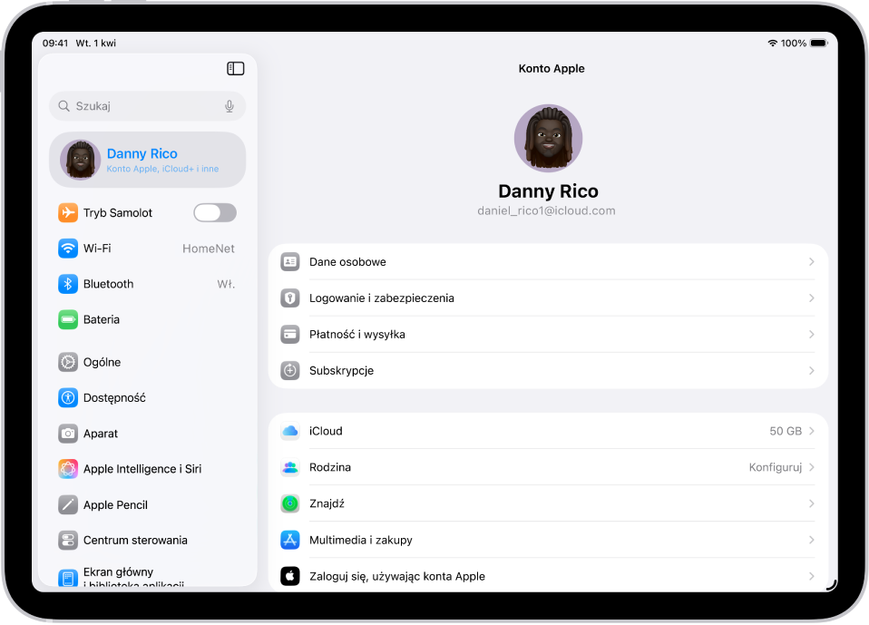 Ustawienia konta Apple zawierające listę opcji, w tym dane osobowe, subskrypcje, usługę Znajdź i inne.