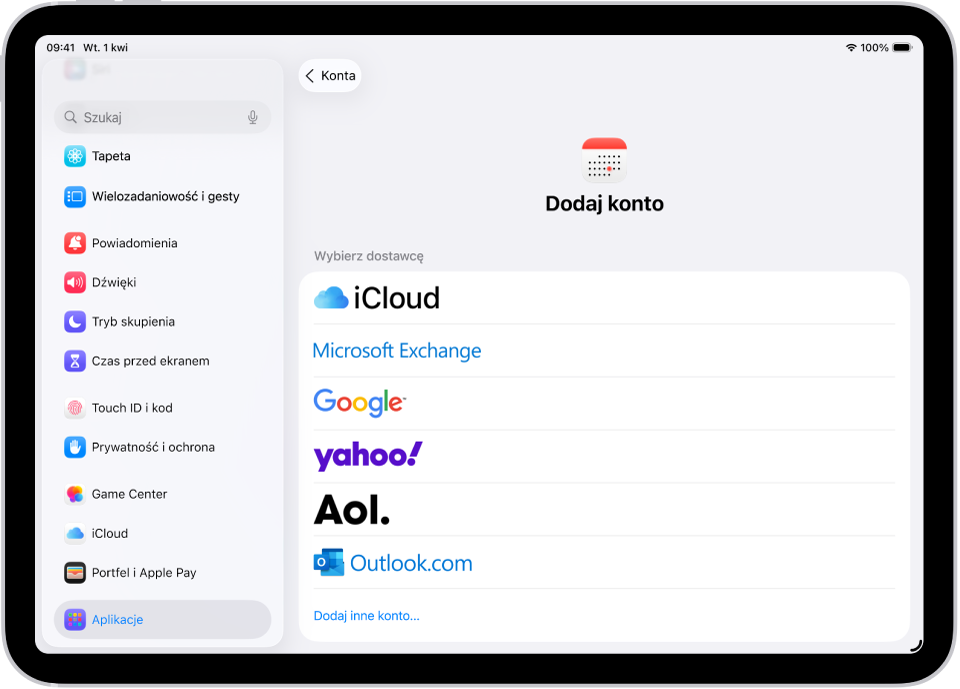 Ustawienia dodawania kont kalendarza z wyświetlonymi różnymi dostawcami kont kalendarza.