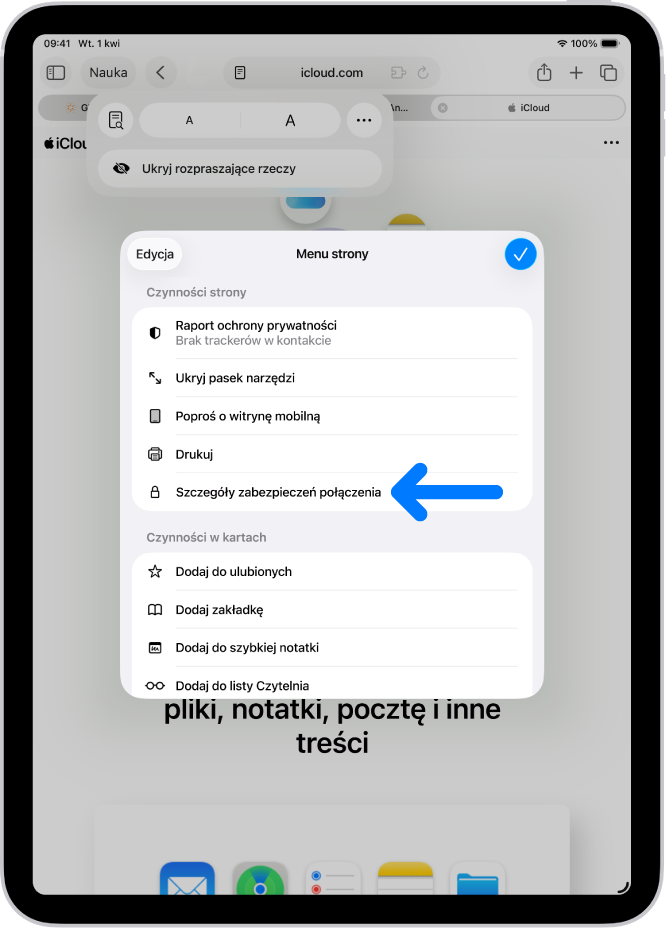 Otwarte menu strony w Safari. W połowie strony widoczne jest narzędzie Szczegóły zabezpieczeń połączenia.