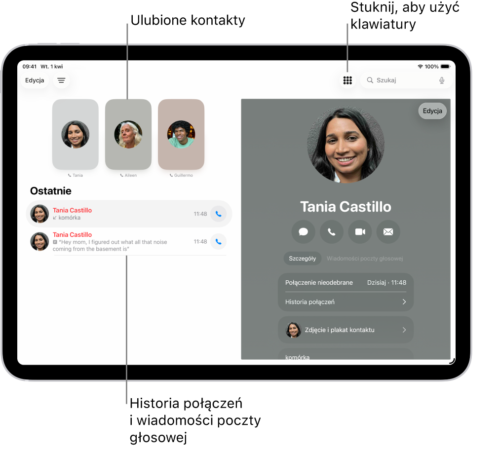 Ekran aplikacji Telefon. Po lewej stronie widoczne są ulubione kontakty. Poniżej ulubionych kontaktów znajduje się lista ostatnich połączeń i wiadomości poczty głosowej. Po prawej stronie ekranu wyświetlane są informacje dotyczące kontaktu. W prawym górnym rogu ekranu znajduje się przycisk Przyciski.