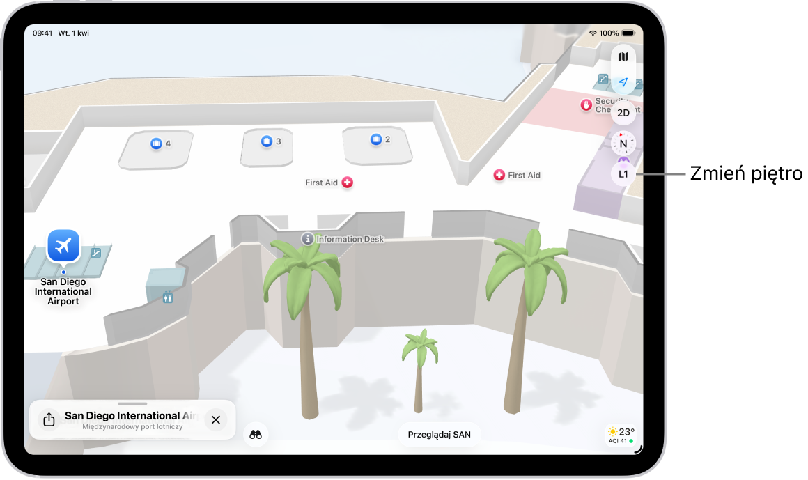 Mapa wnętrza terminalu lotniska. Mapa przedstawia bramkę, toaletę, punkt kontroli bezpieczeństwa oraz punkt pierwszej pomocy. Przycisk z oznaczeniem L2 pozwala zmieniać wyświetlane piętra w przypadku map obejmujących obiekty wielopiętrowe.