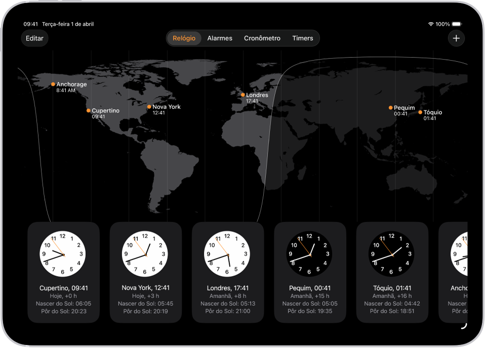 A aba Relógio, mostrando a hora em várias cidades. O botão Editar, próximo ao canto superior esquerdo, permite reordenar ou apagar relógios. O botão Adicionar, próximo ao canto superior direito, permite adicionar mais relógios. Os botões Relógio, Alarme, Cronômetro e Timers estão ao longo da parte inferior.