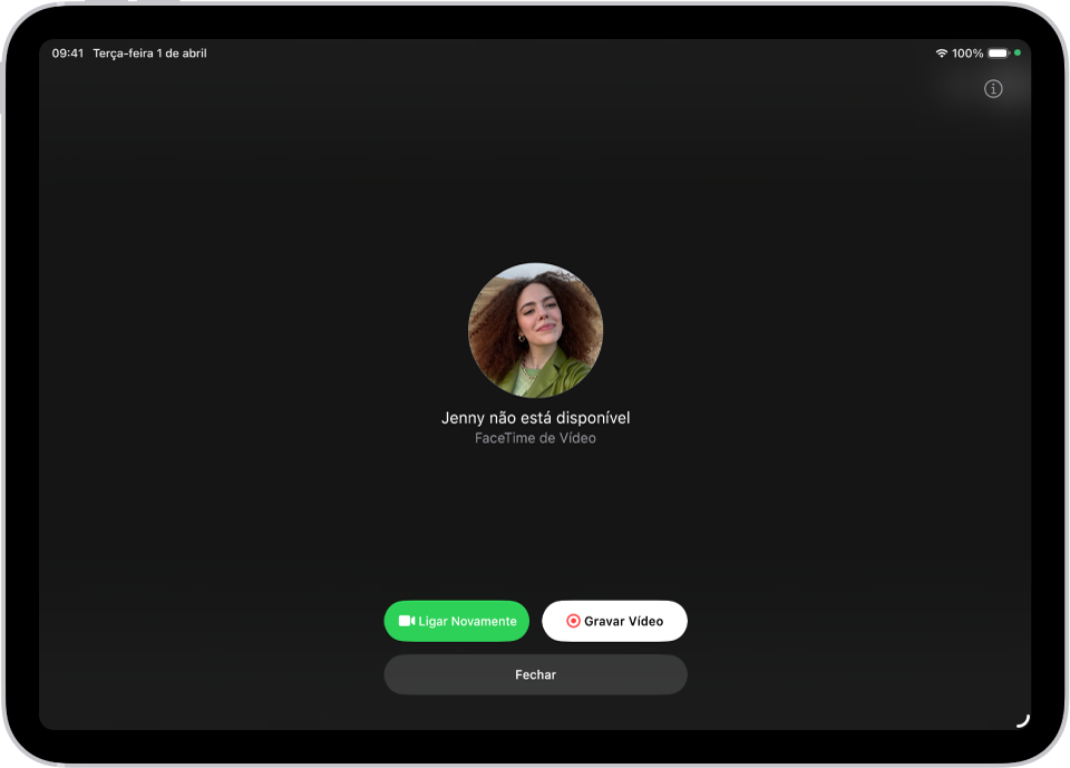 A tela Gravar Vídeo mostrando que a pessoa para quem você está ligando está indisponível. A tela inclui um botão Ligar Novamente e um botão Gravar Vídeo, que você pode tocar para gravar uma mensagem de vídeo.
