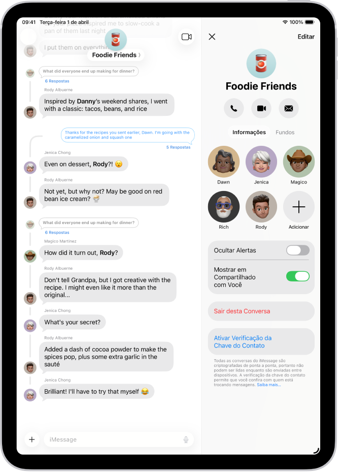 Uma conversa em grupo no app Mensagens à esquerda com os detalhes da conversa do grupo abertos à direita.