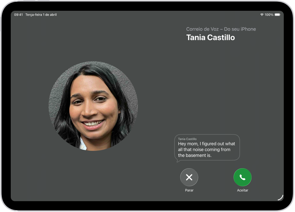Tela de uma ligação mostrando um Correio de Voz ao Vivo de um contato. Abaixo da transcrição do texto, os botões Parar e Aceitar da ligação.
