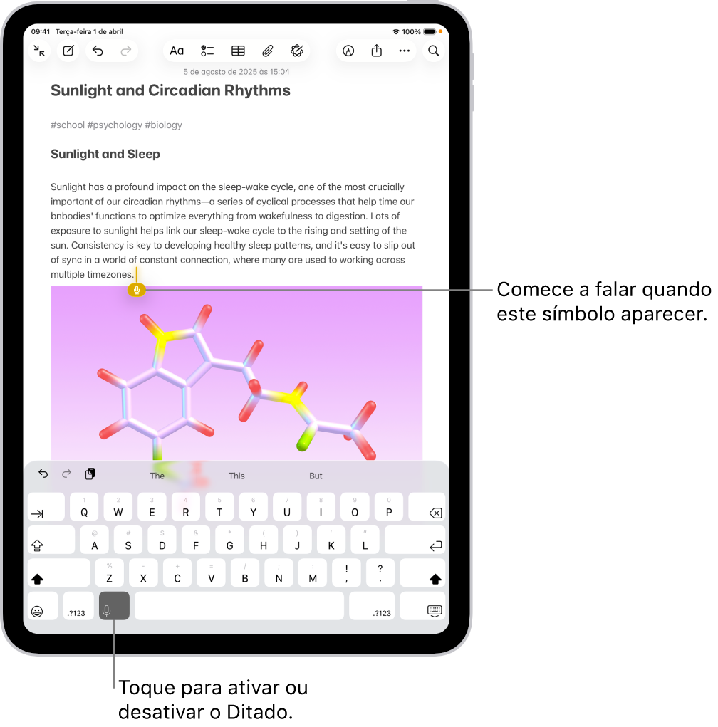 Um teclado na tela está aberto no app Notas. O botão Ditado na parte inferior do teclado está selecionado e o botão Ditado aparece abaixo do ponto de inserção no campo de texto.