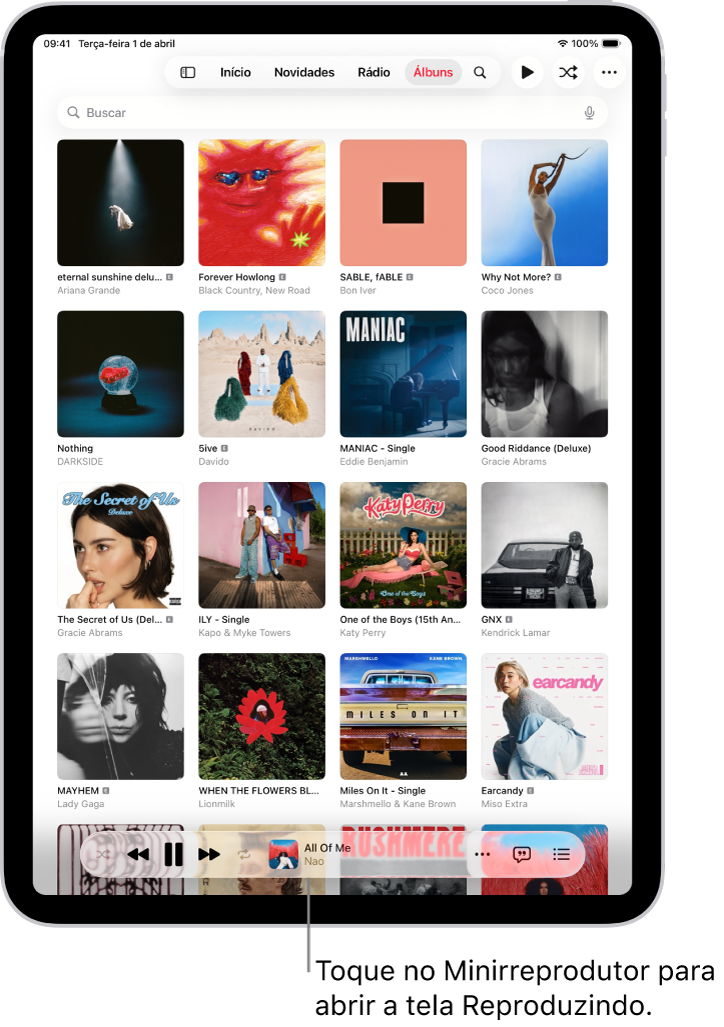 Aba Álbuns, mostrando o Minirreprodutor perto da parte inferior. O Minirreprodutor mostra o título da música que está em reprodução.