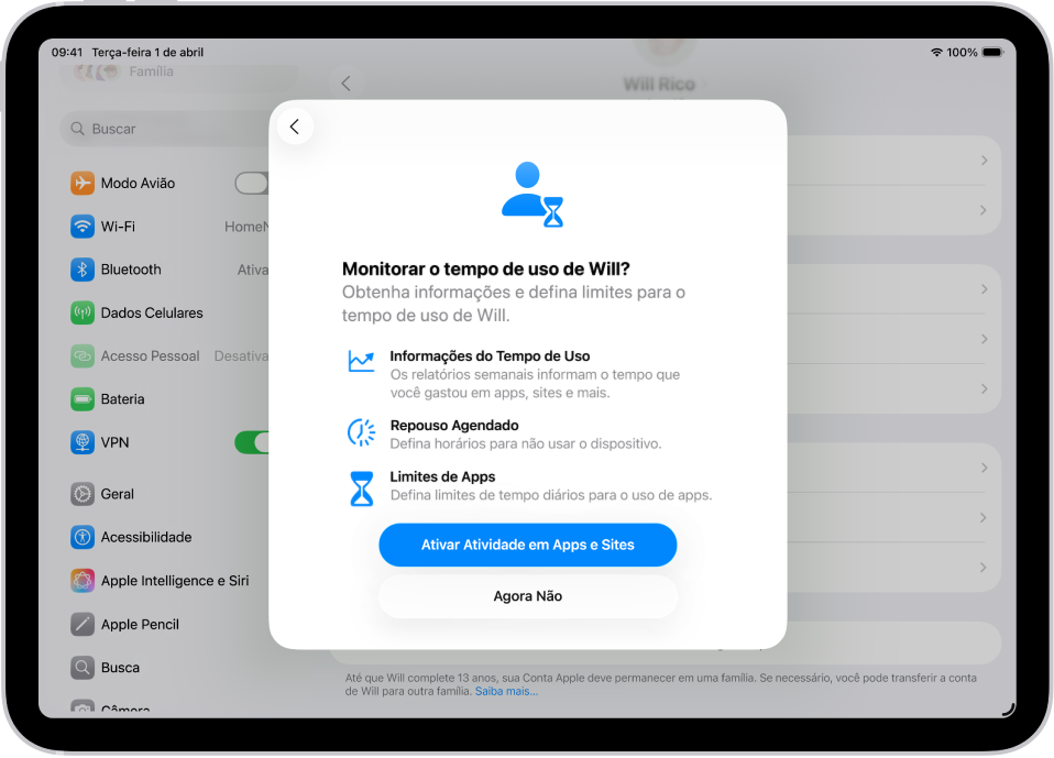 Tela de Ajustes com um popover mostrando a configuração de Tempo de Uso.