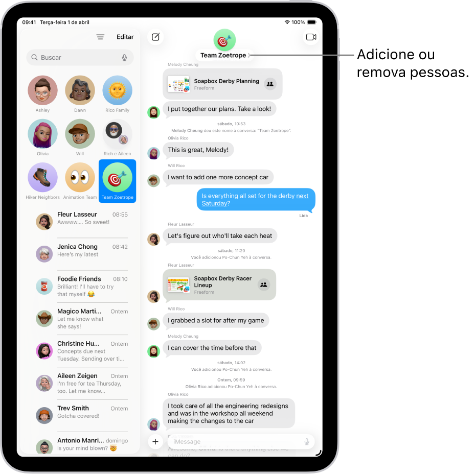 Uma conversa em grupo no app Mensagens do iPad. À esquerda, uma conversa fixada está selecionada em uma lista de conversas. À direita, há uma transcrição de conversa com arquivos compartilhados.