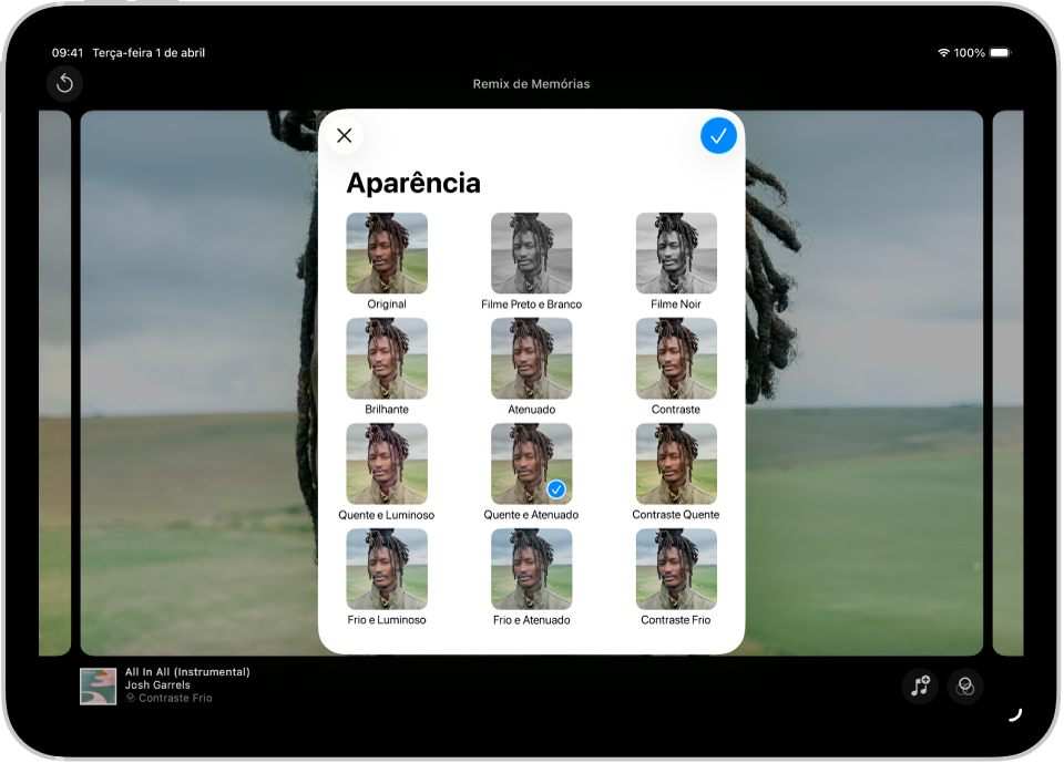 Um filme de memórias está sendo reproduzido e, no meio da tela, estão opções para aplicar uma Aparência.
