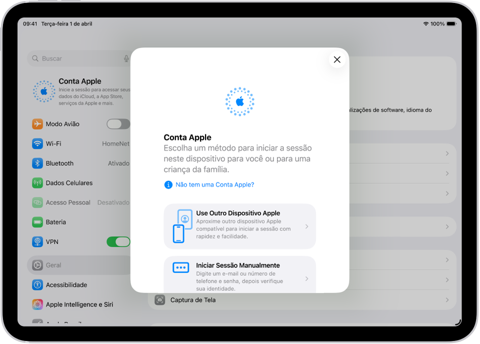 A tela Ajustes com o diálogo de início de sessão da Conta Apple no centro da tela.