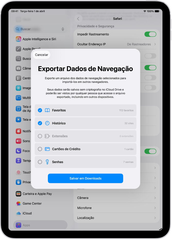 Tela Exportar Dados de Navegação, mostrando os dados que você pode exportar do Safari para outro navegador.