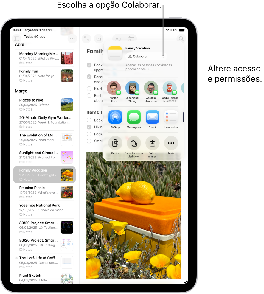 Um convite de colaboração para uma checklist no app Notas, mostrando Colaborar na opção de compartilhamento e “Apenas as pessoas convidadas podem editar” como ajuste de acesso e permissão. Quatro possíveis destinatários, incluindo um grupo, formam uma linha abaixo disso. A seção seguinte oferece maneiras diferentes de compartilhar a nota: AirDrop, Mensagens, Mail e Lembretes. A última seção contém botões para copiar, exportar e salvar a nota.