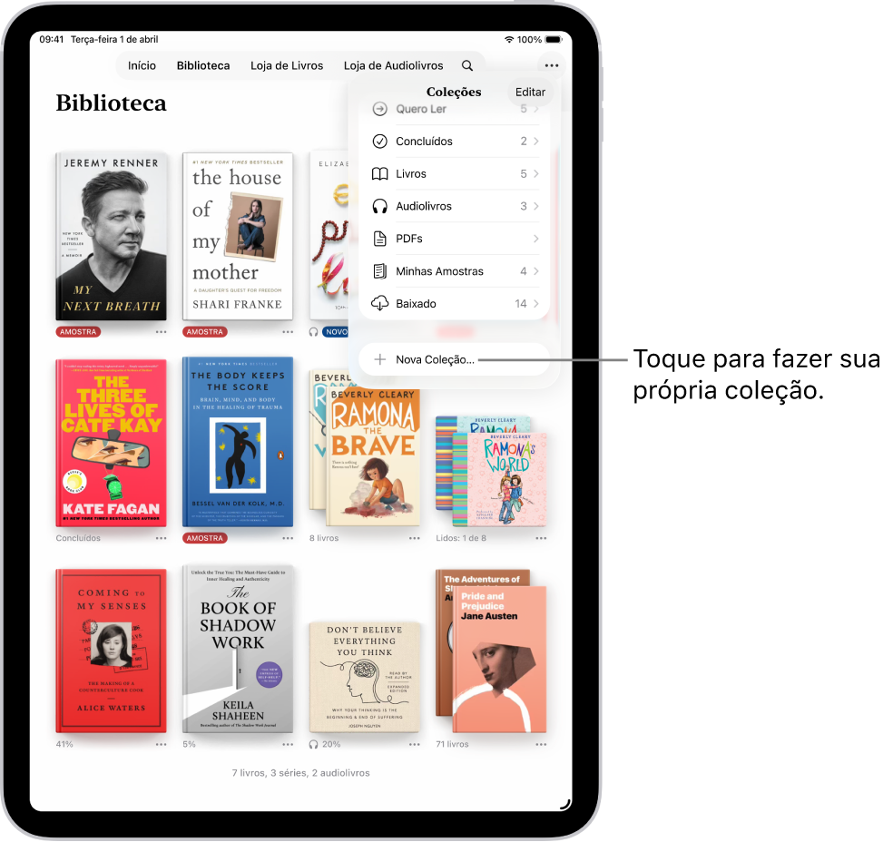 Tela Biblioteca no app Livros. Na parte superior da tela, o menu Coleções está aberto e mostra opções como Audiolivros e PDFs.