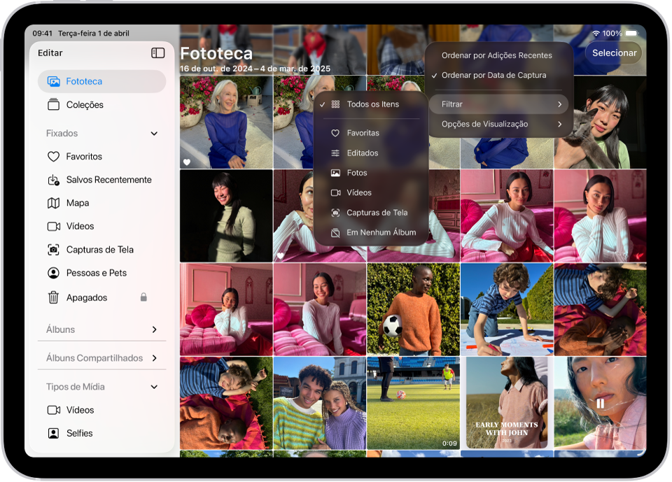 O app Fotos está aberto e a aba Biblioteca está selecionada na barra lateral. O botão Ordenar e Filtrar está selecionado na parte superior da tela e mostra as opções de ordenação e filtragem para visualizar o conteúdo da biblioteca.