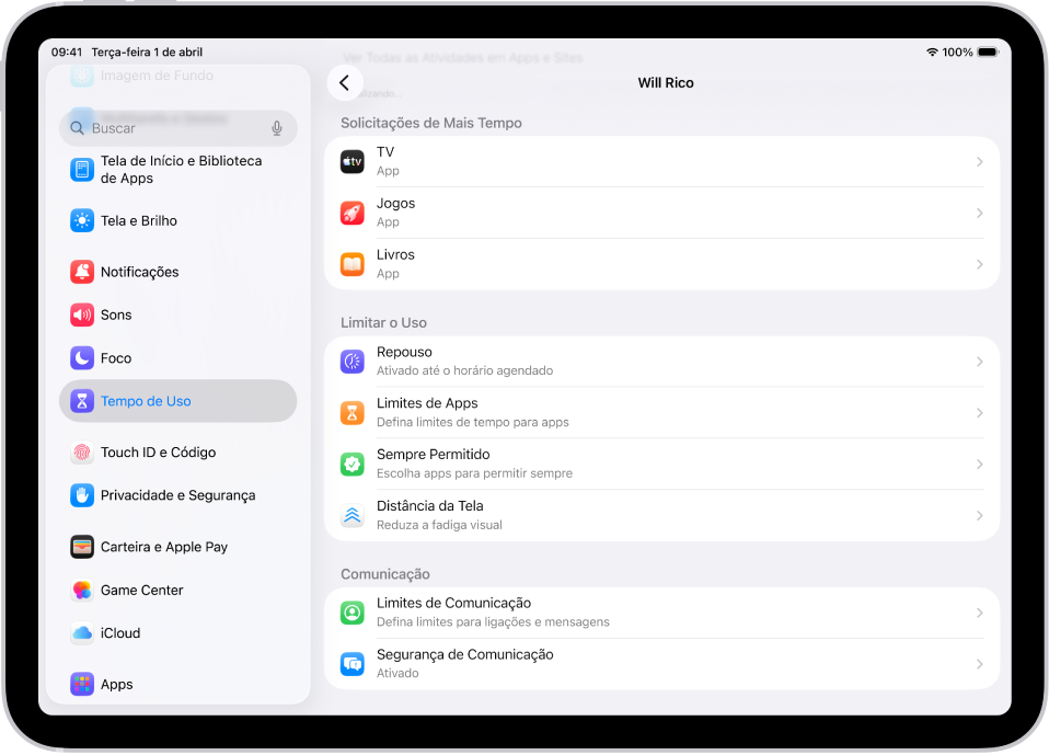 Tela de uma criança em um grupo de Compartilhamento Familiar, mostrando uma seção de Solicitações de Mais Tempo.