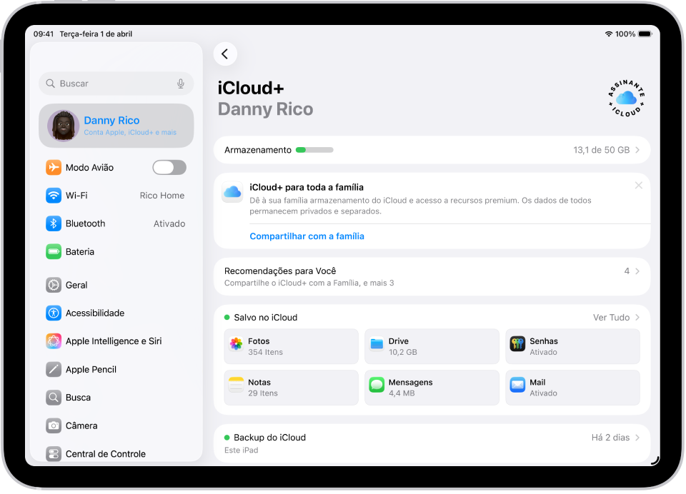 Tela dos ajustes do iCloud mostrando o medidor de armazenamento do iCloud e uma lista de apps e recursos, incluindo Fotos, iCloud Drive e Mail do iCloud, que podem ser usados com o iCloud.