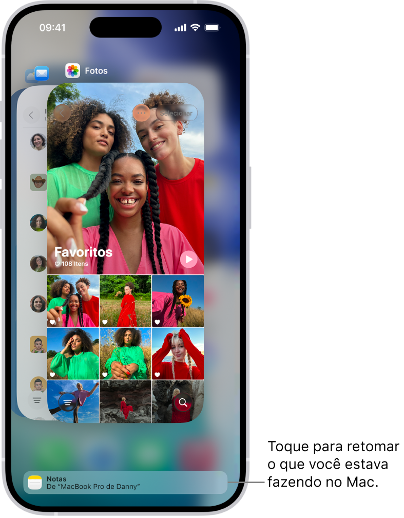 Seletor de Apps no iPhone mostrando uma notificação do Handoff na parte inferior da tela.