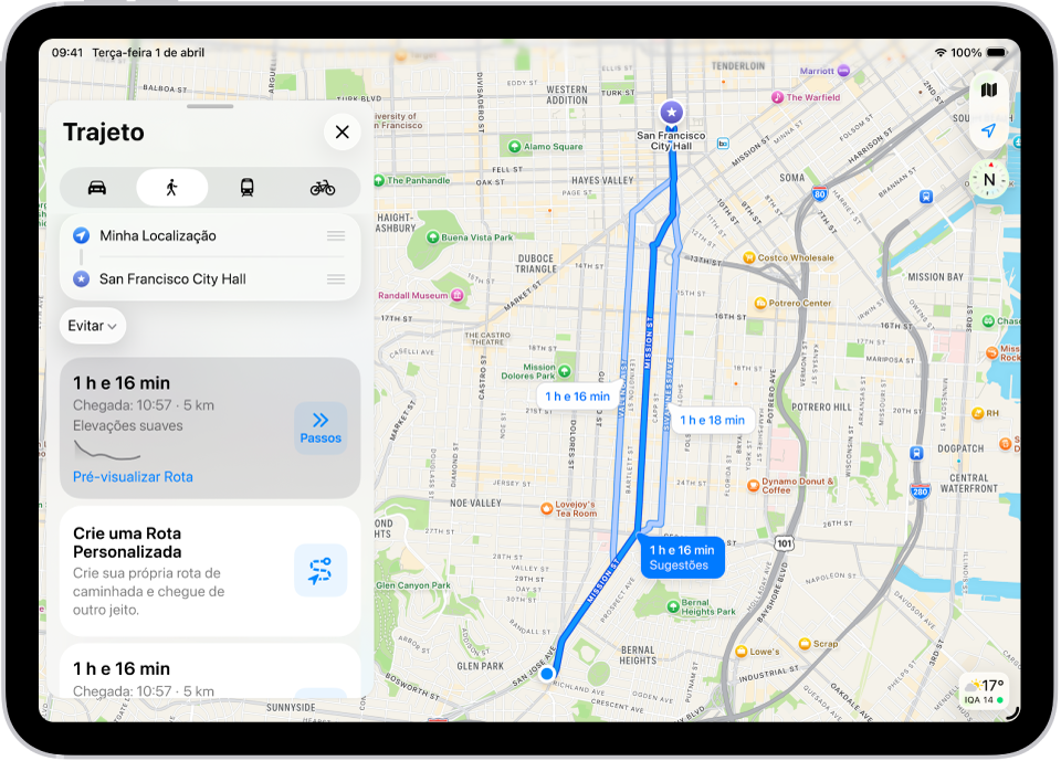 Um mapa com duas rotas a pé em uma lista, cada uma com um botão Passos.