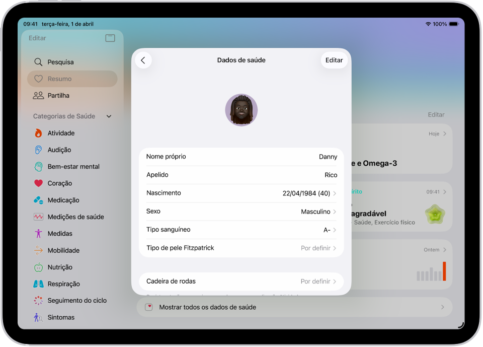 O ecrã “Dados de saúde”, que inclui os campos para nome, data de nascimento, género, tipo sanguíneo e outras informações.