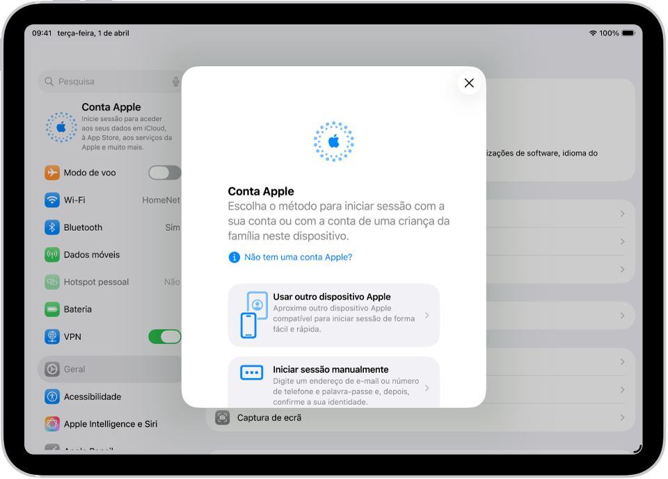 O ecrã Definições, com a caixa de diálogo de início de sessão na conta Apple no meio do ecrã.