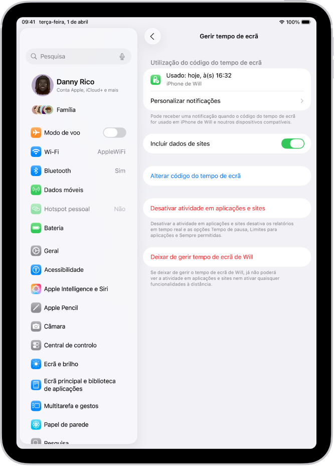 O ecrã Gerir Tempo de ecrã relativo a uma criança da família mostra a última vez que o código foi usado e em que dispositivo.
