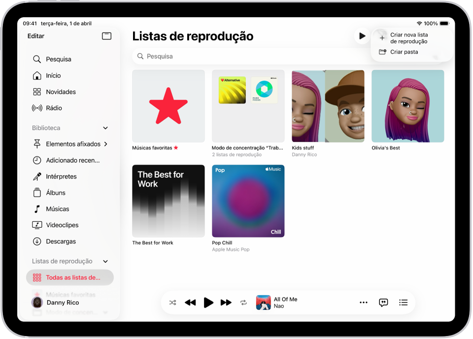 O separador Listas de reprodução com a barra lateral à esquerda e a lista de listas de reprodução à direita. Na parte superior estão os botões para criar uma nova lista de reprodução ou cria uma nova pasta.