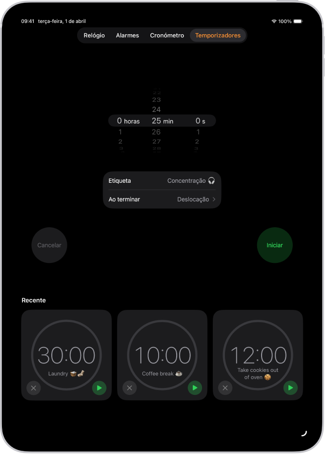 O separador Temporizadores com as definições para definir um temporizador. Um temporizador criado recentemente encontra-se por baixo das definições do temporizador. Os botões Relógio, Alarme, Cronómetro e Temporizadores ao longo da parte inferior.