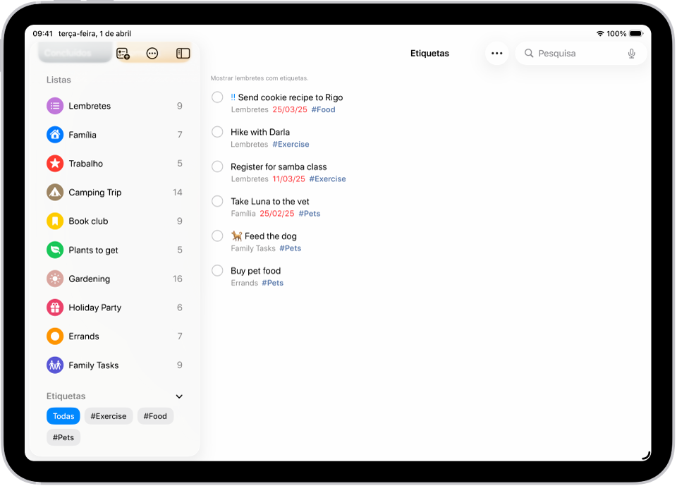 A aplicação Lembretes a mostrar várias listas e o “Navegador de etiquetas” à esquerda. À direita está uma lista de todos os elementos com etiquetas.