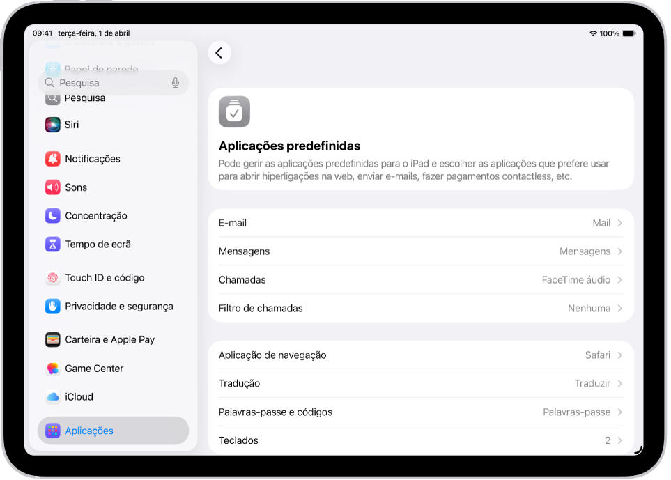 O ecrã para alterar as aplicações predefinidas para enviar e‑mails, navegar na web, etc.