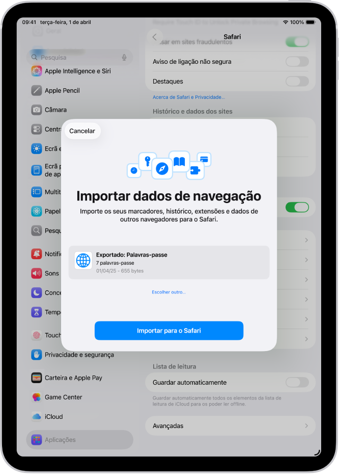 O ecrã “Importar dados de navegação” a mostrar o ficheiro CSV das palavras‑passe de outro gestor de palavras‑passe para importação.