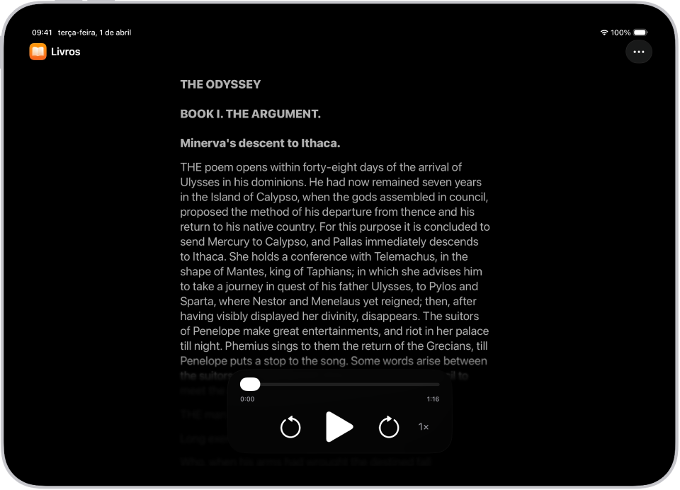 O ecrã do Leitor de acessibilidade: a mostrar texto da aplicação Ficheiros apresentado em letra grande sobre um fundo preto.