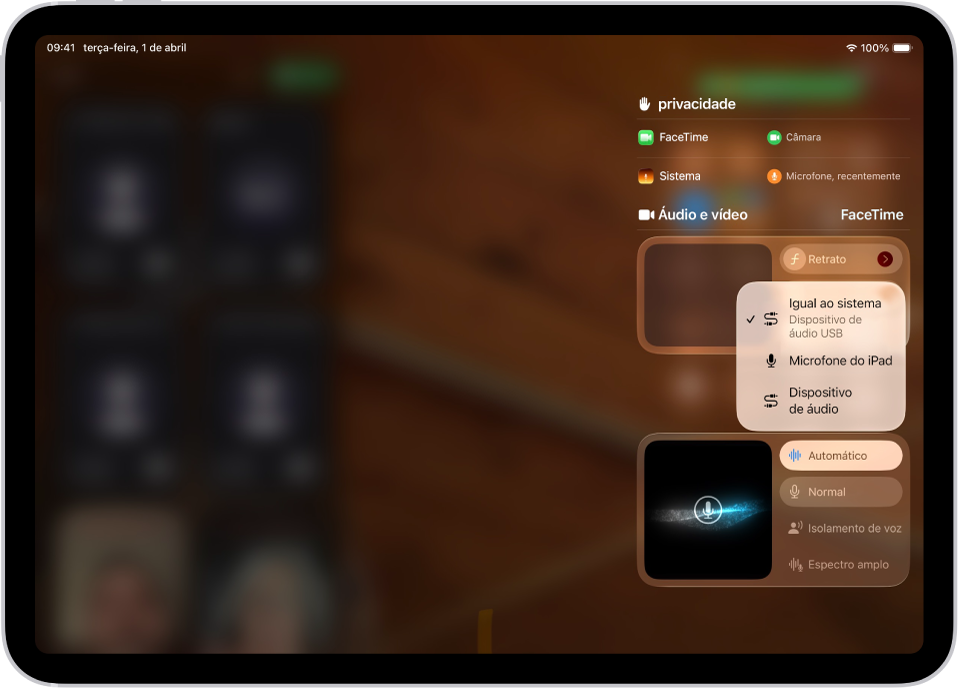 Os controlos para escolher uma fonte de entrada de áudio para uma chamada FaceTime.