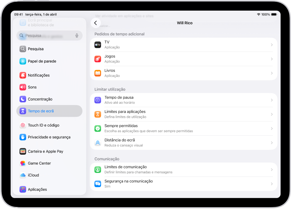 O ecrã de uma criança num grupo de Partilha com a família a mostrar uma secção para pedidos “Pedir mais tempo”.