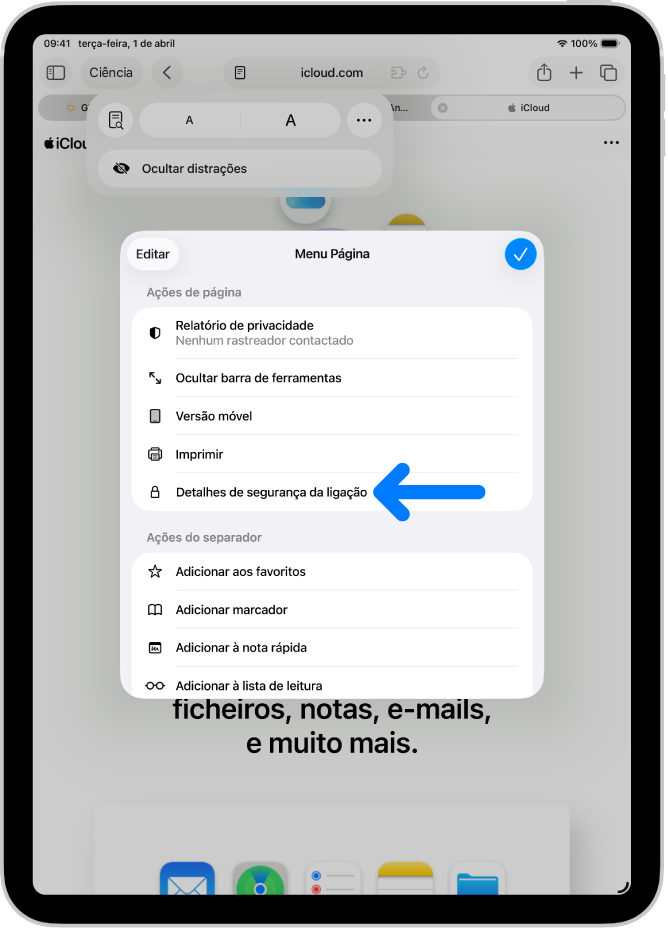 O menu Página está aberto no Safari e o controlo Detalhes de segurança da ligação está a meio da página.