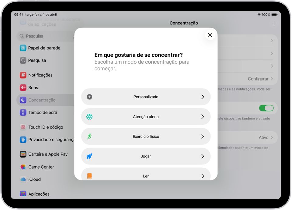 Um ecrã do modo de concentração para as opções de modos de concentração adicionais, incluindo Personalizado, Exercício físico, Jogar, Atenção plena e Ler.