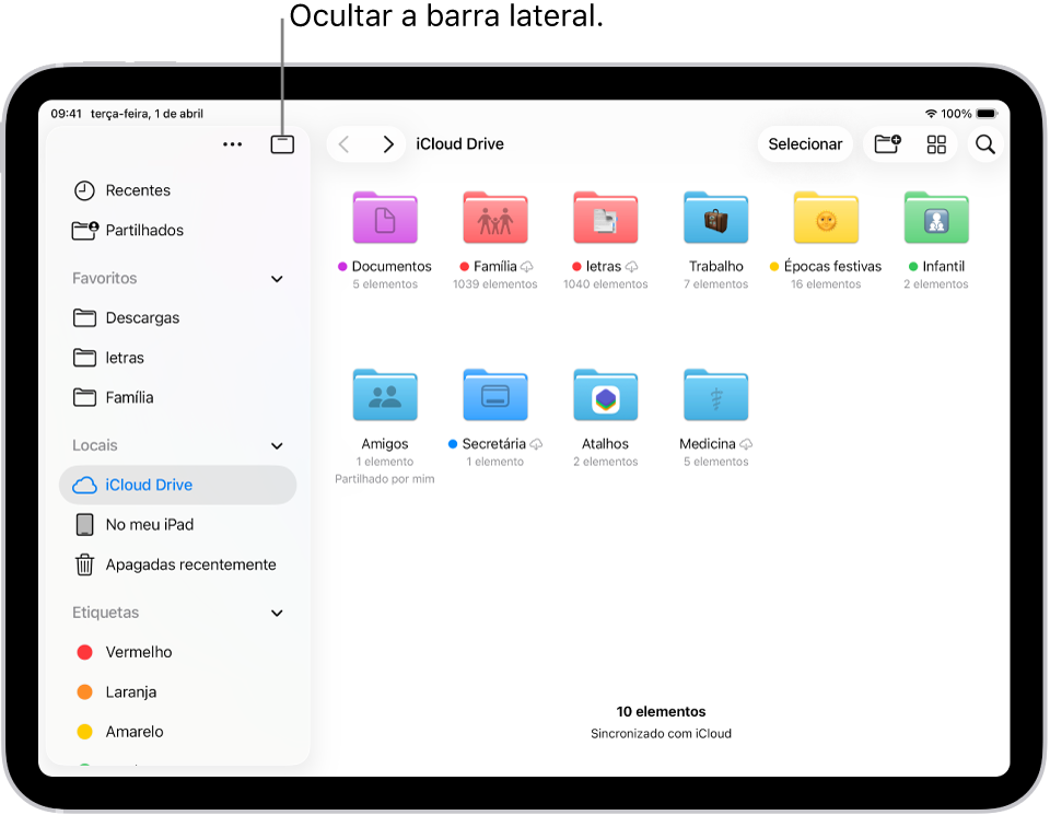 A aplicação Ficheiros a mostrar ficheiros e pastas em iCloud Drive. Na parte superior do ecrã estão os botões para selecionar elementos, criar uma nova pasta, alterar a vista (Lista, Ícones, Colunas) e “Pesquisa”.