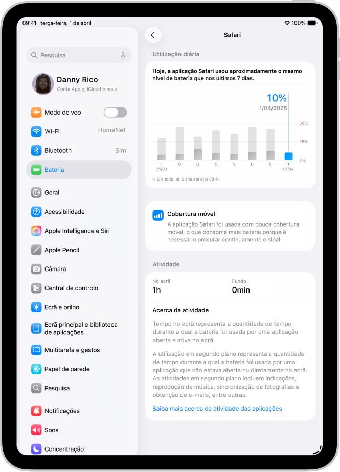 O ecrã Bateria nas Definições do iPad, que mostra a utilização detalhada da bateria da aplicação Safari. O ecrã inclui um gráfico da utilização diária, uma nota sobre a forma como a cobertura da rede móvel afetou a duração da bateria e uma análise do tempo de atividade no ecrã e em segundo plano da aplicação.