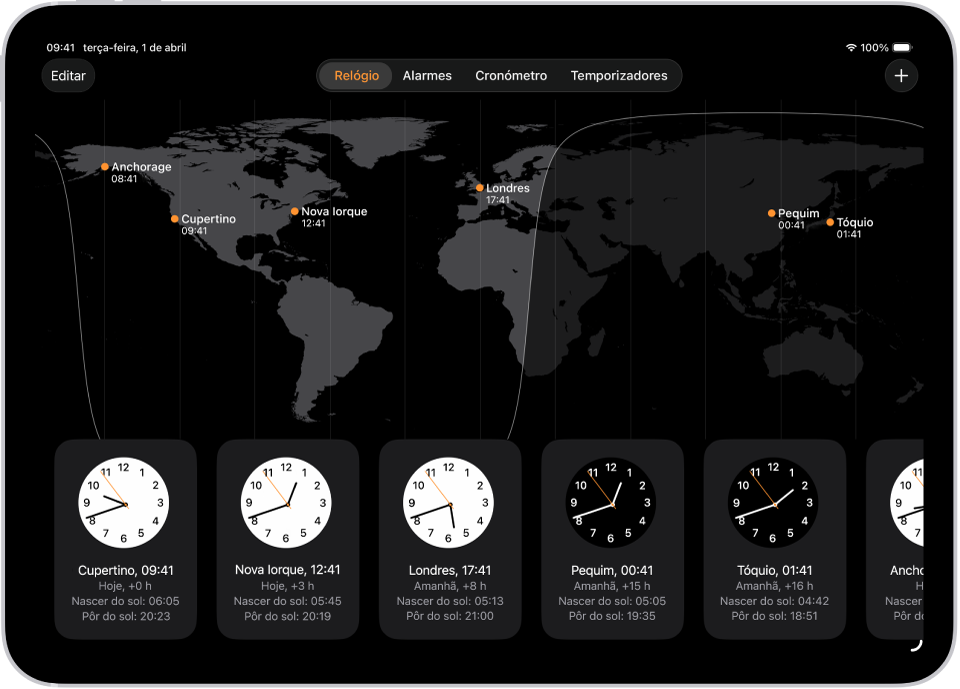 O separador “Relógio mundial” a mostrar as horas em várias cidades. O botão “Editar” junto ao canto superior esquerdo permite reordenar ou apagar relógios. O botão “Adicionar” junto ao canto superior esquerdo permite adicionar mais relógios. Os botões Relógio, Alarme, Cronómetro e Temporizadores ao longo da parte inferior.