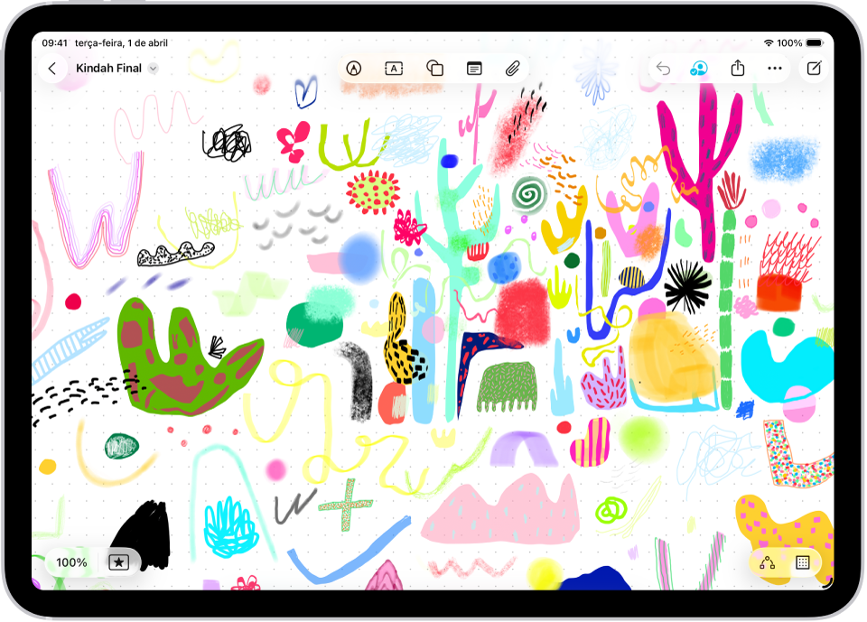 Um iPad com um quadro Freeform que inclui escrita manuscrita e desenhos.